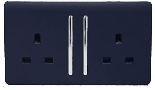 Trendi 2 Gang Raised Artistic Modern Glossy Screwless 13 Amp Single Pole with Chrome Switched UK Standard Electrical Double Wall Plug Socket in Navy Blue - ART-SKT213LNV