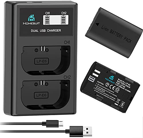 Homesuit LP-E6 LP-E6N Battery 2200mAh and Dual LCD USB Charger Set Compatible with Canon 5D Mark II/III/IV, 5Ds, 5Ds R, 6D, 6D Mark II, 7D, 7D Mark II, 70D, 80D, 90D, XC10, XC15 Cameras (2-Pack)