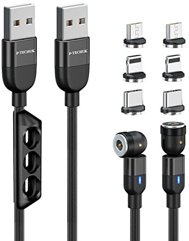 P-TECHUK 540° Rotating Magnetic 3 in 1 Charging Cable, Phone Magnetic Charging Cable, Magnetic Charger Cable, Magnetic cable. (2 x 1M cable, 6 x tips, 1 x tip holder) A15