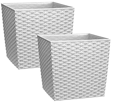 Simpahome 7 Litre Cubie Rattan Plastic Planters - White, Set of 2 Pots - 19cm Square