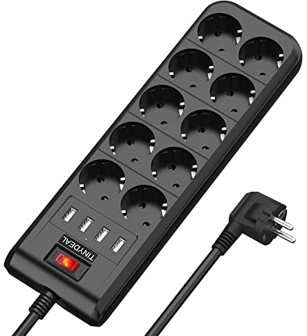 Multiprise Electrique (4000W/16A) Multiprise 10 Prises avec 4 Ports USB Multiprise Parafoudre Parasurtenseur Prise Multiple, Câble 2M
