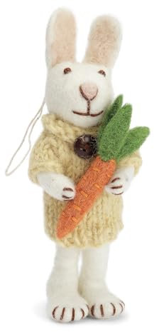 Én Gry & Sif handgefilzter Osterhase mit Ornament - Häschen - Anhänger aus Filz - Ostern-Deko - fair Trade Handmade (Weißer Hase mit Karotte)