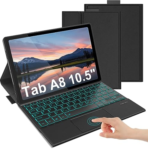 seenda Samsung Galaxy Tab A8 Hülle mit Tastatur, Tab A8 Tastatur mit Touchpad, Beleuchtete Wiederaufladbare Tastatur Hülle für Tablet A8 10.5 Zoll 2022/2021(SM-X200/X205/X207), QWERTZ Layout, Schwarz