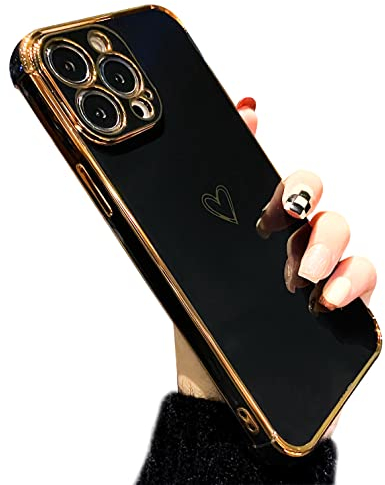 ZTOFERA Compatible with iPhone 14 Pro (6.1) Case for Girls Women, Flexible Silicone Protective Phone Case with Cute Love Heart Pattern Gold Edging Shockproof Bumper Cover, Black