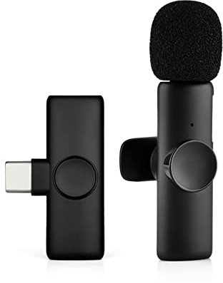 Andoer Microphone sans fil pour téléphone portable, 2,4 GHz Microphone sans fil (1 émetteur + 1 récepteur), portée de transmission de 20 m, plug-and-play microphone sans fil pour YouTube/Vlog/TIK Tok