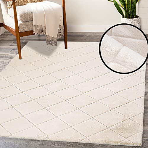 Teppich - Wohnzimmer Kuschwelweich 80x150cm Pastell Creme Flauschig Karo Muster Modern Deko Teppiche Weich Schlafzimmer