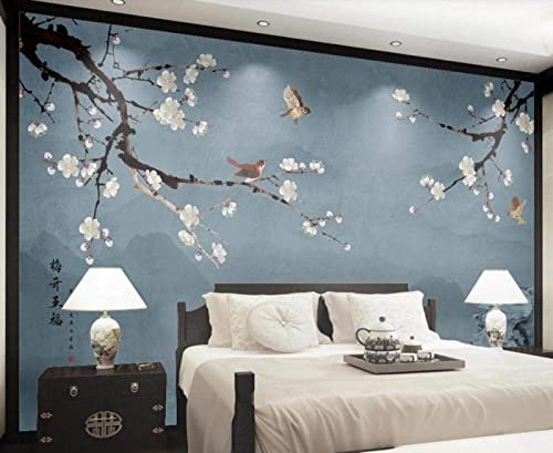 Papier Peint Panoramique Branche D'Arbre De L'Oiseau À Fleurs Vintage Bleu Papier Peint Intissé 3D Tapisserie Poster Decoration Murale Chambre Salon