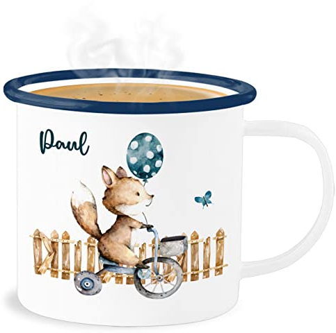 Emaille Becher Blechbecher - Tiere - Süßer Fuchs Kinder - 300 ml - Weiß Blau - tasse personalisierte geschenke personalisieren tassen kindergarten tier tieren tiermotiv name kleine und dino motiv