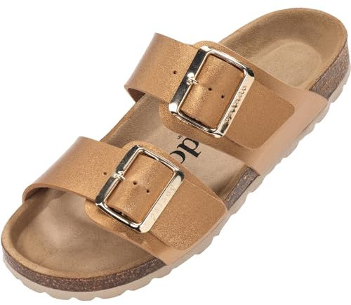 Palado Pantoletten Damen Samos EGS - bequeme Sandalen Made in Spain - Hausschuhe mit dämpfendem Kork-Fußbett - modische Sommerschuhe Bronze Metallic UK4,5 - EU37