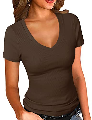 PALINDA Women's Short Sleeves Ribbed Fitted Shirt Basic V Neck Slim T Shirt Tops, Brown, XL