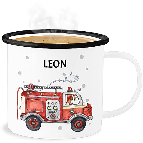 Emaille Becher Blechbecher - Feuerwehr Auto I Feuerwehrauto I 112 I Fire Truck I Löschfahrzeug - 300 ml - Weiß Schwarz - feuerwehrmann tasse feuerwehrbecher jugendfeuerwehr feuerwehrautos tassen