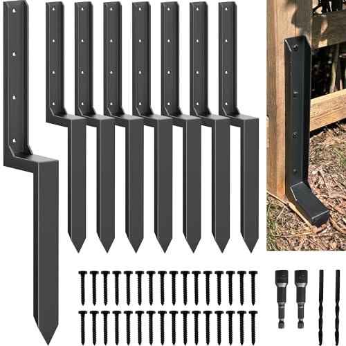 AKINGKONG Thicker Fence Post Repair Anchor Kit, Stakes, 4x4/6x6 Steel Anchors Ground Spikes Brackets Braces for Fix Broken Wooden Support (8 Pack/Black) (AKK-FPRK-B-85)