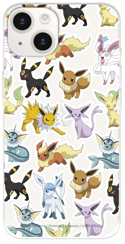 Schutzhülle kompatibel mit iPhone 15, offizielle Pokémon-Eevee Entwicklungen zum Schutz Ihres Handys. Flexible transparente Silikonhülle mit offizieller Pokémon-Lizenz
