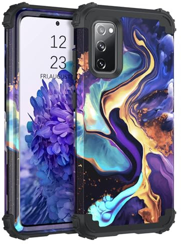 DUEDUE for Samsung Galaxy S20 FE Case, Marble Pattern Design Heavy Duty Cover Hard PC Soft Silicone Rubber Hybrid 3 Layers Drop Protective Phone Cases for Samsung S20 FE 4G/5G 6.5 Inch-Deep Purple