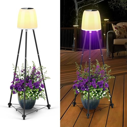 Boadw Lámpara de pie solar para exteriores con trípode, lámpara de pie solar, regulable, blanco cálido, RGB, impermeable, lámpara solar de exterior para jardín, patio, camino, entrada, terraza,