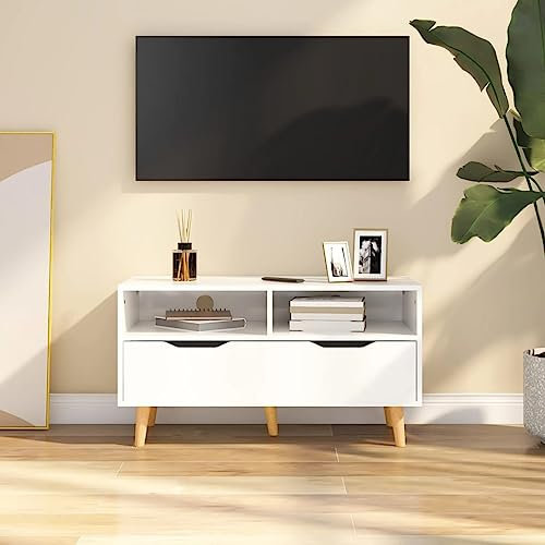Homvdxl 90 cm schmaler TV-Schrank, moderner TV-Ständer mit großer Schublade für 35-Zoll-Fernseher, Sideboard, kleiner Aufbewahrungsschrank für Wohnzimmer - Weiß Hochglanz
