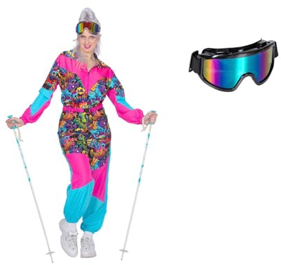 MIMIKRY 80er Jahre Ski-Anzug Graffiti Damen-Kostüm mit Brille 80's Overall Einteiler Trash Apres Ski, Größe:40