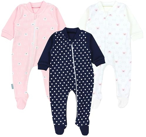 TupTam Unisex Schlafstrampler 3er Pack Baumwolle mit Reißverschluss, Farbe: Herzen Dunkelblau/Bärchen Rosa Weiß, Größe: 92