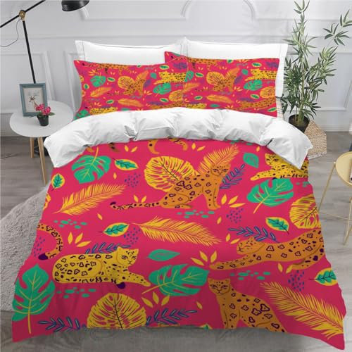 ViriVi Bettwäsche 200x200 3 teilig Bettbezug-Cartoon-Tiere Bettwäsche-Sets 200x200 Mikrofaser mit 2 Kissenbezüge 80x80cm,Bettwäsche Set Muster Leopard für Doppelbett mit Reißverschluss