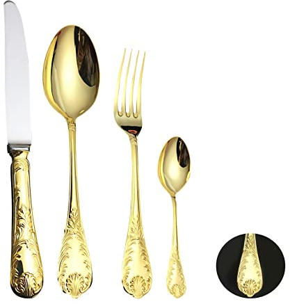 Juego de cubiertos de acero inoxidable 18/10 de 48 piezas, que incluyen tenedores y cucharas Knifa vintage, mango con patrón en relieve, vajilla reutilizable para el hogar y el hotel (dorado, 48 piez