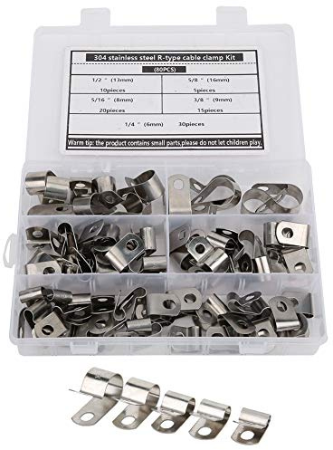 Yctze R Kabelklemmen, 80 Stücks R-förmiges Kabelklemmen-Set, Edelstahl 304, 6–16 mm, für Haushalt, Büro und Werkstatt