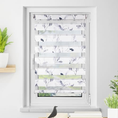 Deswell Doppelrollo Klemmfix ohne Bohren Weiß-blätter B60 x H120 cm (Stoffbreite 56cm) Doppelrollo mit Muster, Duo Rollos für Fenster ohne Bohren Rollos mit Motiv, Seitenzugrollo Lichtdurchlässig