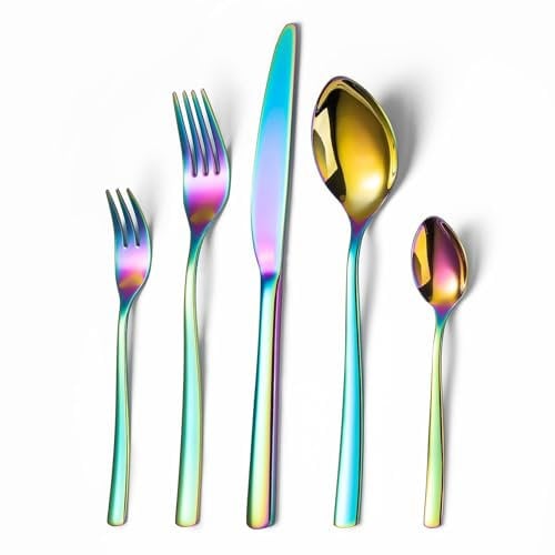 Opolia Besteck Set für 6 Personen, Essbesteck Set 30 teilig aus Edelstahl, Gabel Messer Löffel set, SpüLmaschinenfest, HochglanzPoliert- Regenbogen