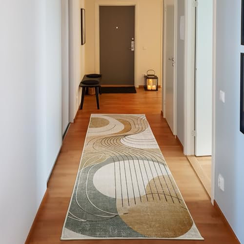 ABAKUHAUS Modernes Boho Dekorativer Teppich, Abstrakte geometrische Wirbel, Hochwertiger Flächenteppich für Schlafzimmer und Wohnzimmer, 76x229 cm, Tan Beige Grau