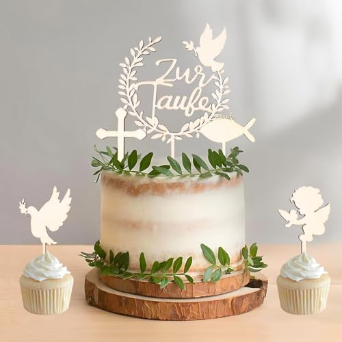 DazzJoy Cake Topper Taufe,Holz Tortendeko Taufe,Tortendeko Taufe Mädchen Junge,Tortenaufleger Taufe Holz,Taufe Deko Torte,Personalisiert Taufe Tortendeko