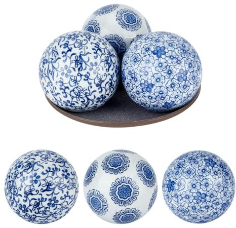 OLYCRAFT 3Pcs Blue and White Porcelain Balls 10cm Handmade Beads 3mm Hole Floating Ceramic Orbs Spheres for Centerpiece Bowls Vases Tables Wedding Home Decor