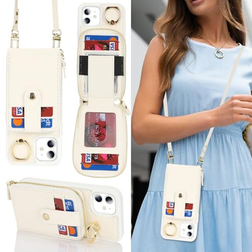 SailorTech iPhone 11 Case Ring Stand with Card Holder for Women, iPhone 11 Leather Case Wallet Crossbody with Kickstand Credit Card Zipper Case for iPhone 11-White