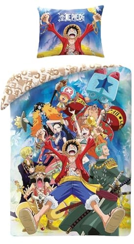 Halantex Bettwäsche-Set One Piece Monkey D. Luffy und verschiedene Charaktere – Bettbezug 140 x 200 cm mit Kissenbezug 70 x 90 cm – 100 % Polyester, mehrfarbig