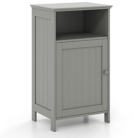COSTWAY Bathroom Floor Cabinet, Wooden Storage Cupboard with Single Door and Adjustable Shelf, Compact Freestanding Bathroom Unit Side Cabinet for Living Room Bedroom Hallway, 40x30x70cm (Grey)