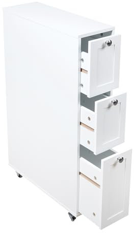 Saxony® Slim Bathroom Storage Unit with 3 Narrow Chest of Drawers on 4 Built-in Wheels Utility Cupboard Vertical Bathroom Cabinets Free Standing MDF Wooden White