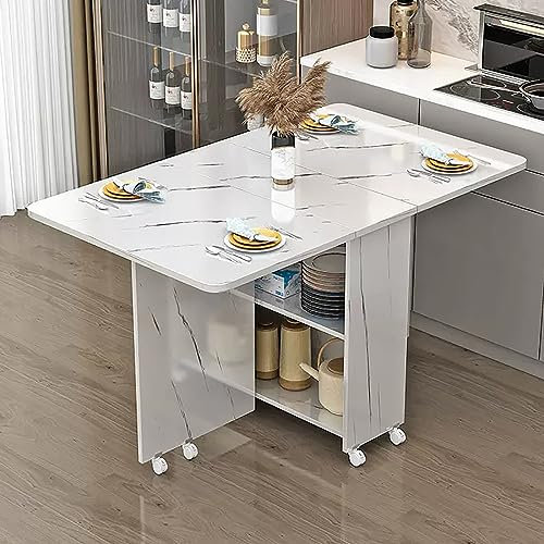 Klappbarer Esstisch mit Blättern, 6 Rollen, 2-lagiges Aufbewahrungsregal, vielseitige Erweiterung, Abendessen, Küche, Büro, Schreibtisch, zusammenklappbar und ausziehbar, platzsparende Möbel