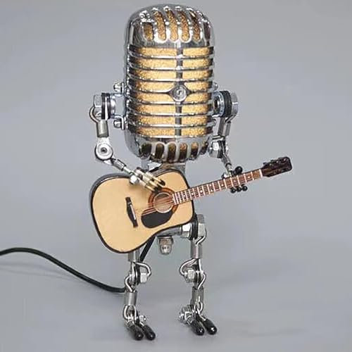 Vintage Mikrofon Gitarre Lampe, coole Gitarre Geschenke Nachtlicht für Musikliebhaber und Gitarrenspieler, USB Stecker in Powered, Retro Dekorationen für Zuhause, Bar, Büro, Silber