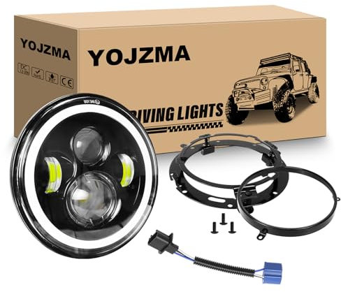 YOJZMA 1 STÜCKE 7 Zoll runder LED-Scheinwerfer, 4 LED-Motorradscheinwerfer, weißes Tagfahrlicht, Fern-/Abblendlicht, Bernstein Halo-Blinker für Wrangler JK TJ LJ CJ Motorrad Davidson mit Halterungen
