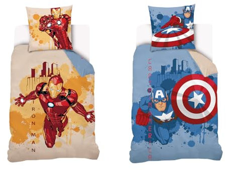 Marvel - Housse de couette Captain America et Iron Man 140x200 cm - 100% Coton - Bleu et Jaune