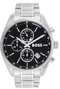 BOSS Chronograph Quartz Watch with Calendar for Men Grand Prix 44 Collection with Stainless Steel Bracelet or Leather Strap