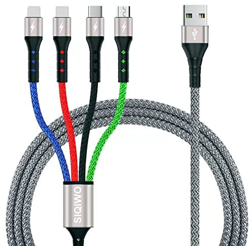 SIQIWO 4 en 1 Múltiple Cable de Carga 3A, 1.2M Multi Nylon Carga Rápida USB Cargador Cable con 2iP Micro USB Tipo C, para Samsung Galaxy S21 S10 S9 S8 A5 J7,Huawei P40 P20, LG, Sony, Xiaomi, Moto, PS4