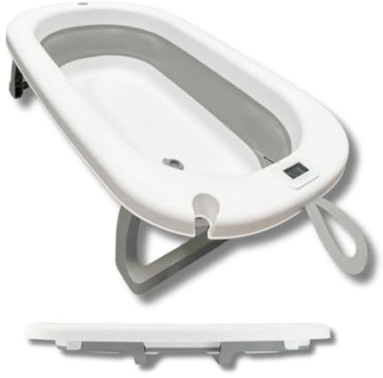 Bañera Bebé Plegable Portatil con Termómetro Integrado, Diseño Ergonómico, Cojín Antideslizante y Tapa de Seguridad (Gris sin cojín)