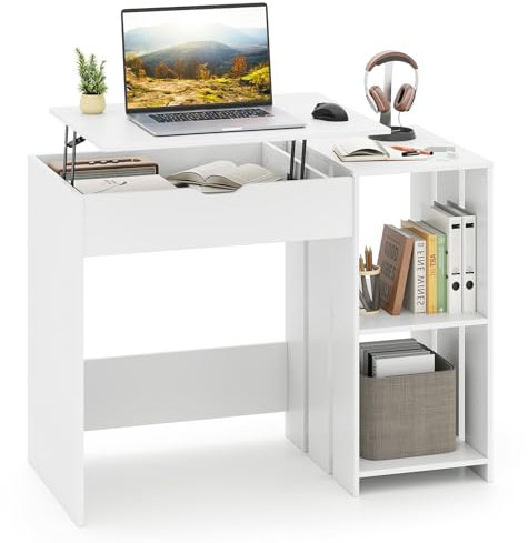 GIANTEX Escritorio de Ordenador de Madera con Tablero Elevable, Mesa de Trabajo con 2 Estantes Abiertos y 1 Compartimento Oculto, 100 x 49 x 75 cm, Escritorio Moderno para Oficina, Estudio (Blanco)