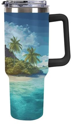 Tropical Island 40 Oz Tumbler with Handle And Straw Stainless Steel Vacuum Insulated Tumblers Reusable Keep Drinks Cold Coffee Cup Holder Friendly Gifts for Women Men Car Gym Travel
