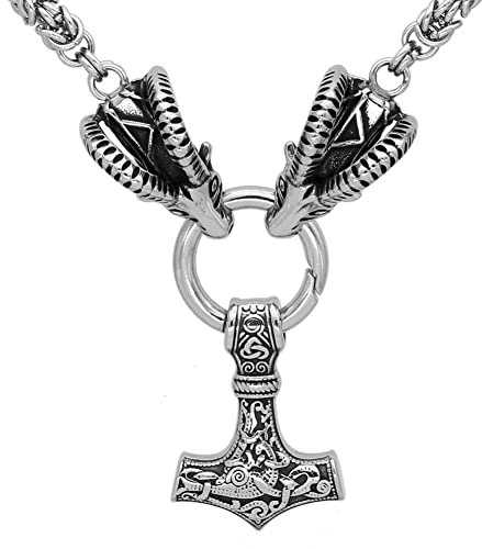TQWSVUM Viking Celtic Knot Thor's Hammer Necklace, Men Stainless Steel Mjolnir Pendant Sheep Head Necklace, Handmade 7mm Heavy Byzantine Chain Animal Jewelry