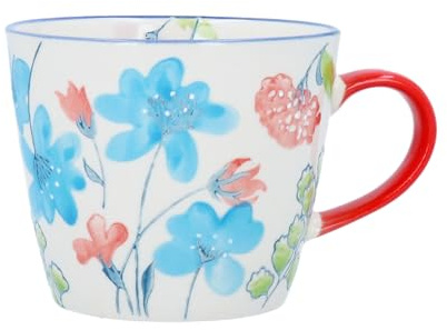 Gisela Graham Tweedia Flowers Stoneware Mug, 300ml, Blue Floral Pattern, Red Handle