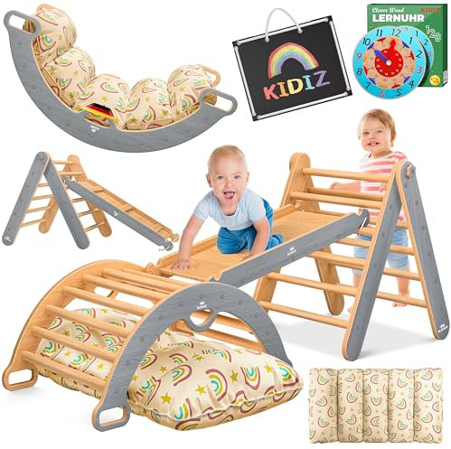 KIDIZ® Klettergerüst Montessori 7in1 Spiel-Set mit Kletterbogen Rutsche Kletterdreieck aus Holz inklusive Kissen, Tafel & Lern-Uhr | Indoor Spielplatz für Kleinkinder ab 1 Jahr & Kinder bis 3 Jahre