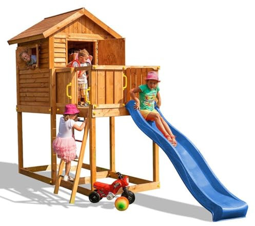 Casetta in Legno per Bambini da Giardino con Scivolo e Casa a Due Falde – Parco Giochi Esterno con Volante, Porta e Persiane – Età 3-10 Anni