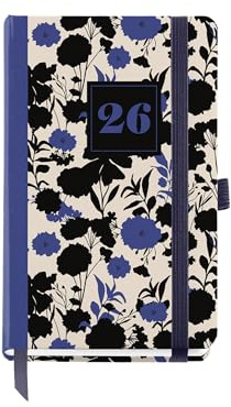 Miquelrius - Kalender 2026, Tag pro Seite, kleines Format (90 x 140 mm), Tagesplaner, fester Kartoneinband, Spiralbindung, Gummibandverschluss, Papier 80 g/m², Spanisch-EN-PT, Schwarz & Blau
