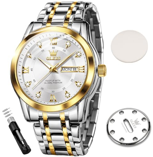 OLEVS Herren-Parfüm-Armbanduhr, Diamant, Luxus, Business-Kleid, Quarz, Edelstahl, wasserdicht, leuchtend, Tag und Datum