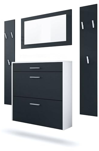 InnoFurn Garderoben-Set Roma Air 4-teilig, Moderne Flurgarderoben Set mit Schuschrank, 2 Wandpaneele und Wandspiegel für Flur & Eingangsbereich,Weiß matt/Schwarz Matt